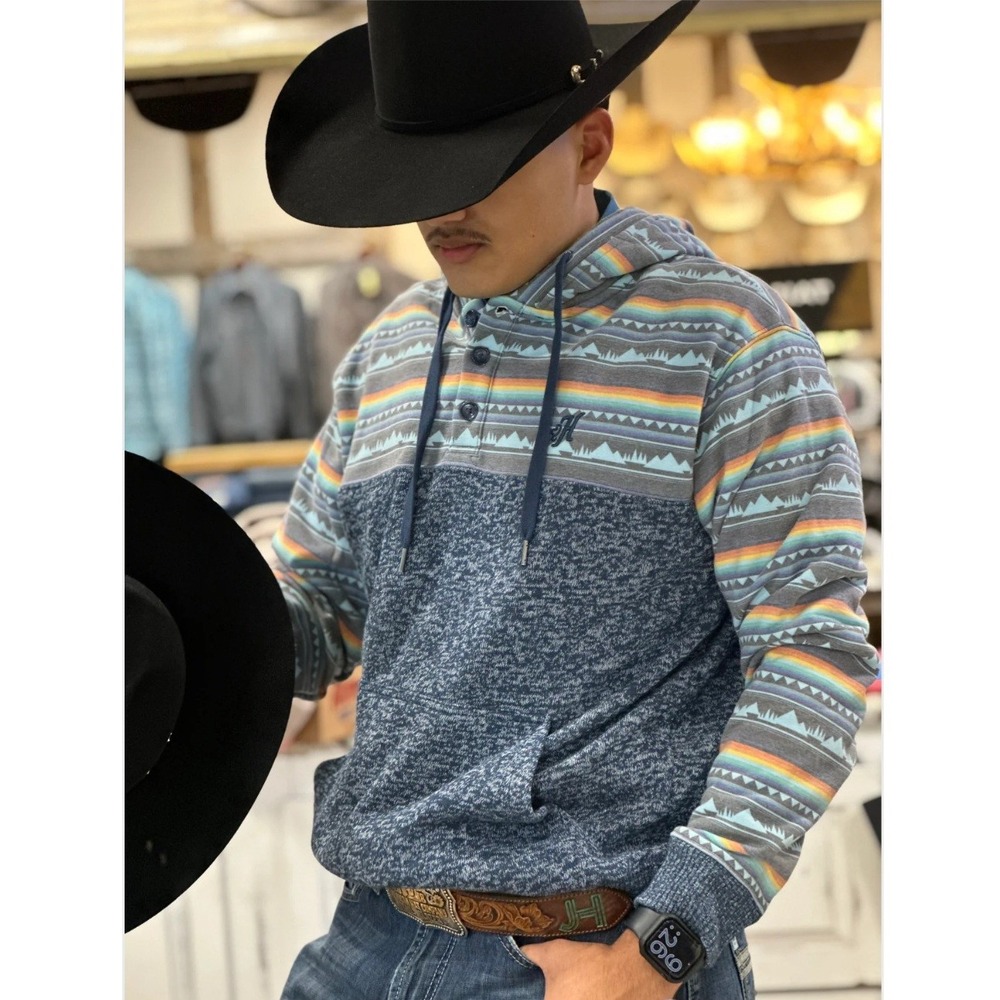 Hooey Mens Jimmy Navy Blue Aztec SouthWestern Henley Hoodie Pullover Size Large